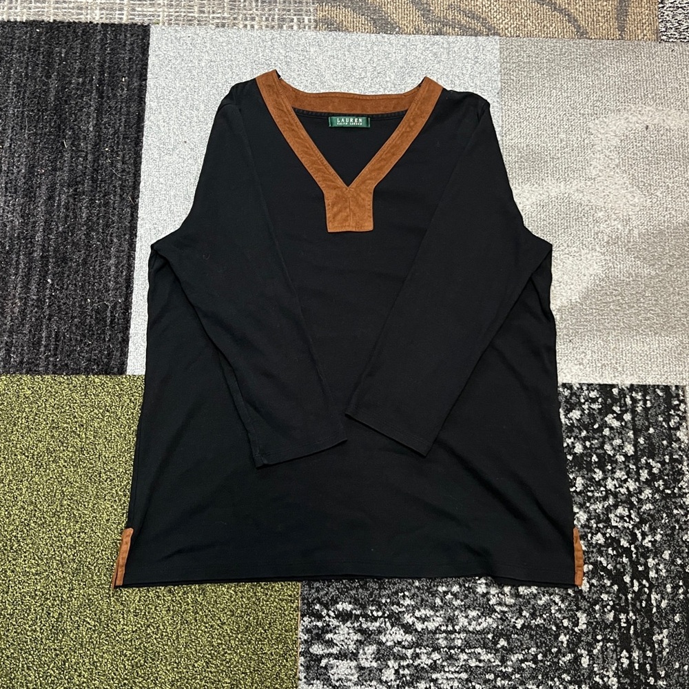 Lauren Ralph Lauren Top Women's Black 3/4 Sleeve Brown Trim Details V-Neck Shirt